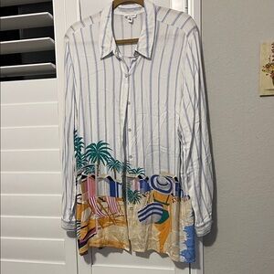 Tropical Print Tribal Jeans Button Down Shirt